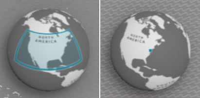 Side by side screenshots of two overview maps in ArcGIS StoryMaps, one showing the extent covering the entire continental U.S., the other showing an extent zoomed very close in to the Chesapeake Bay.